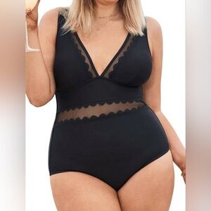 NWT Cupshe Black Scalloped Mesh One-Piece Swimsuit - Plus Size 0X